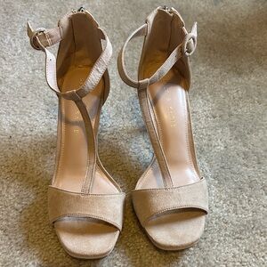 Kelly & Katie Taupe Suede T-Strap Block Heel Sandals